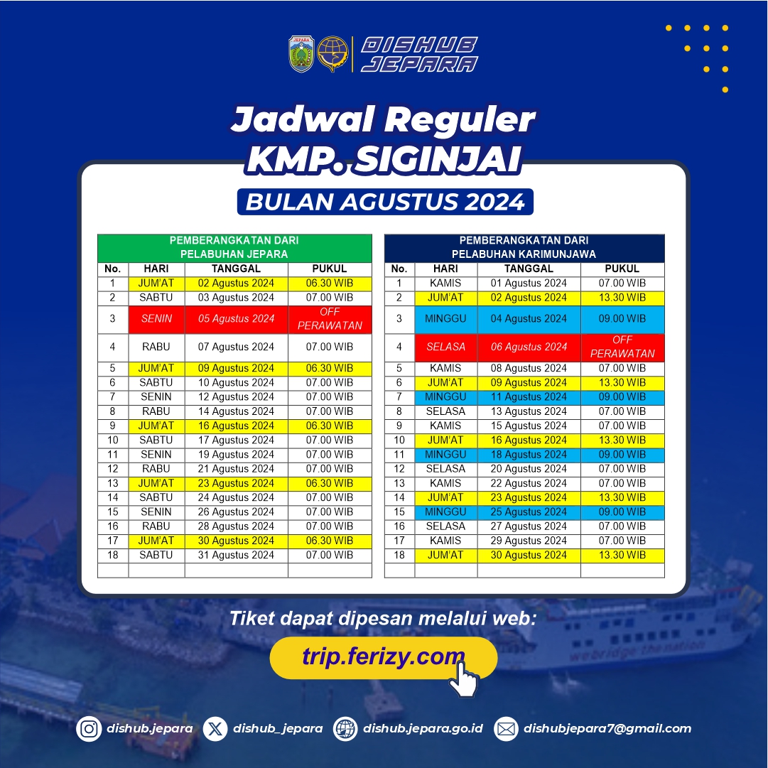 Jadwal Reguler KMP. Siginjai bulan Agustus 2024